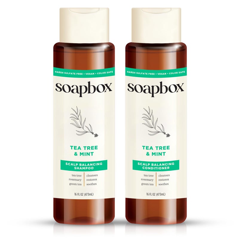 Soapbox Tea Tree Shampoo and Conditioner Set, Scalp Balancing with Tea Tree Oil, Jojoba Oil, Aloe and Shea Butter to Clean and Purify for All Hair Types, 16 Ounces Each (Pack of 2) - Image 1